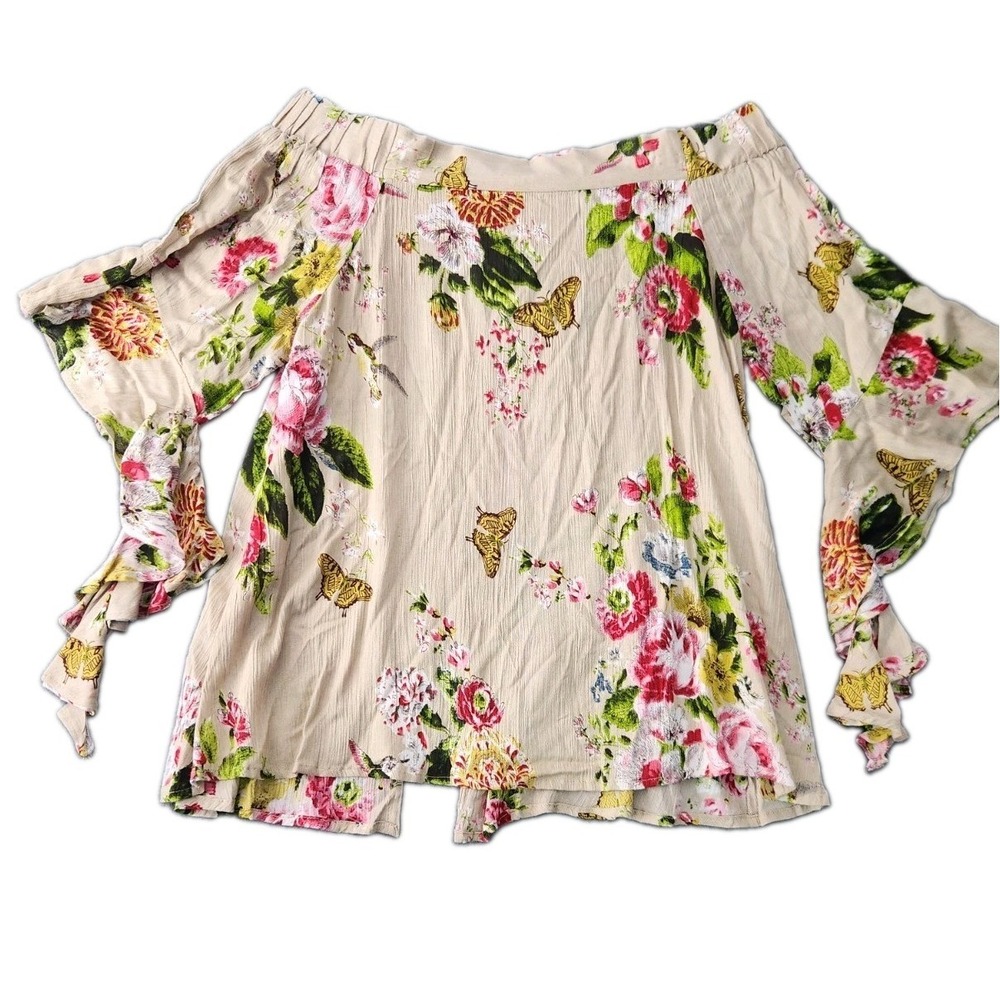 Y2k Magazine Off the Shoulder Floral Crop Fairy Whimsy Blouse Sz M Bell Sleeve